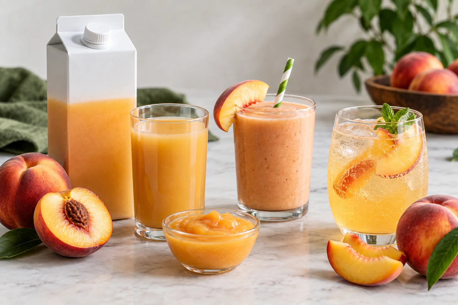 A professional product-development table with peach nectar in a carton mockup without branding, smoothie base, and sparkling beverage application, all visibly derived from the same peach base