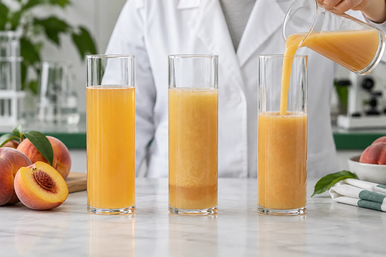 A beverage quality-control scene comparing three peach nectar samples for color, settling and pour behavior in identical glass cylinders, with no fabricated test results