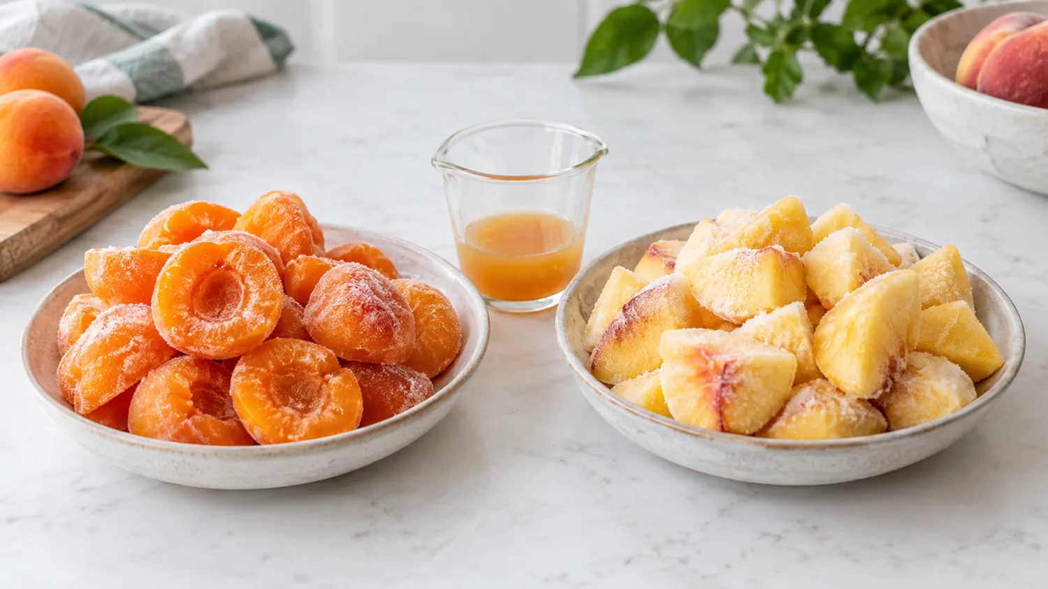 Illustrative side-by-side frosted apricot halves, peach chunks and measured released juice to introduce the formulation comparison.