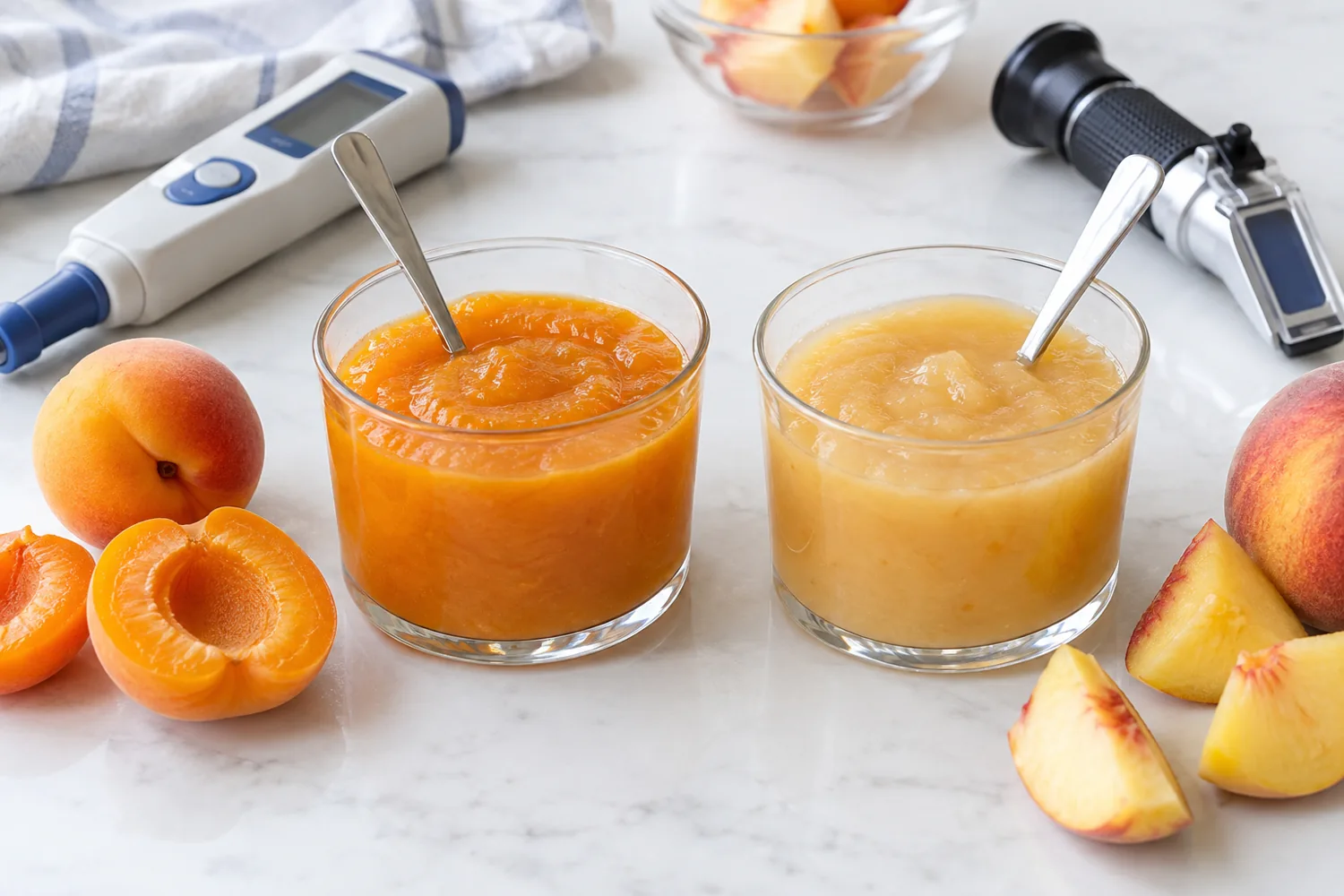 Illustrative two equal fruit-mass puree cups with acidity and aroma testing tools; show the need to measure each lot without invented readouts.