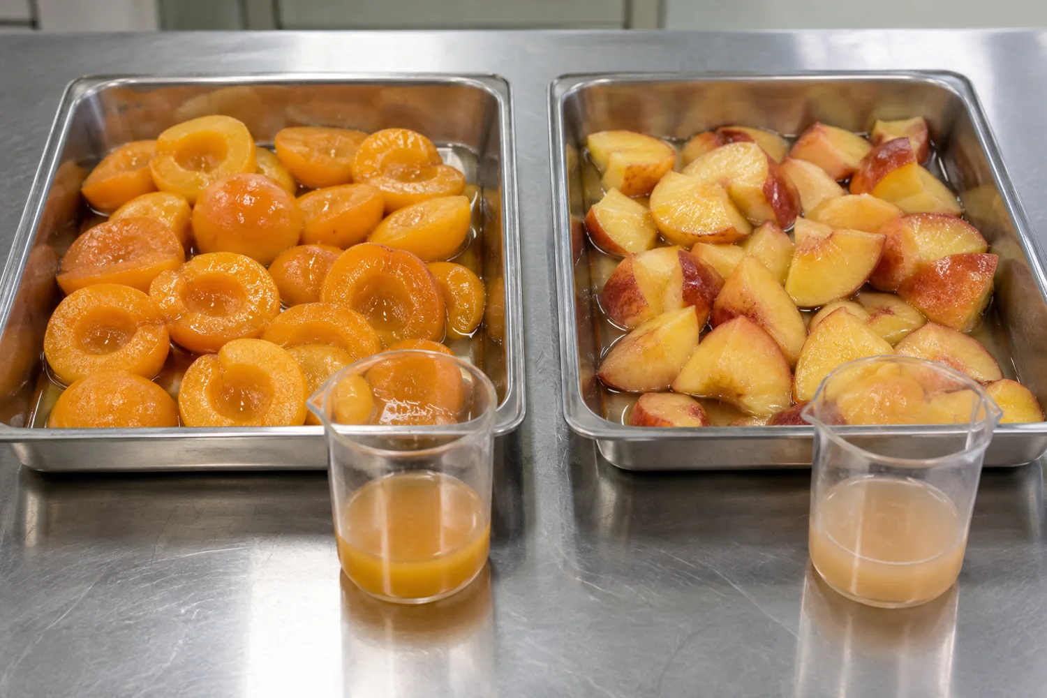 Illustrative matched thaw trays for apricot and peach with collected liquid; demonstrate recording fruit plus released juice.