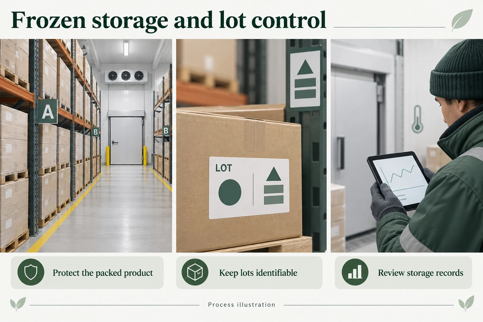 Illustrated frozen warehouse lot placement and temperature record review