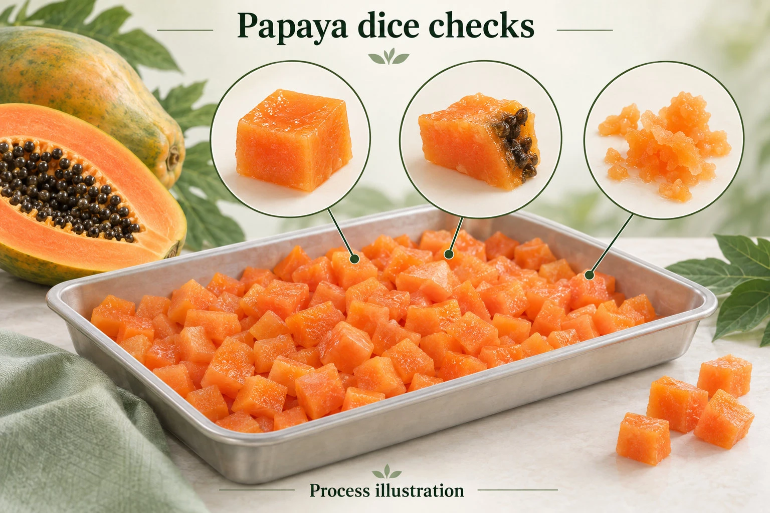 Concept illustration of papaya dice checked for seed-cavity residue, peel and crushed pieces